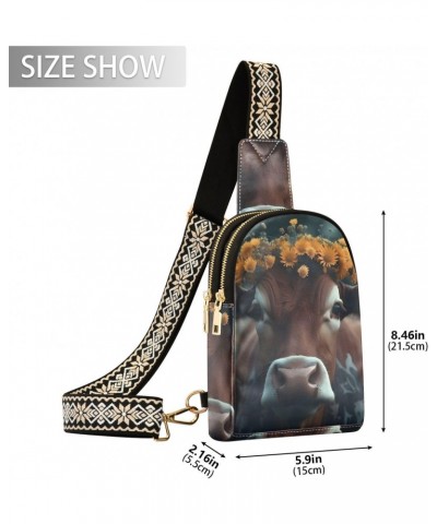 Women's Sling Bag Cow Sunflower Print with Adjustable Strap Zipper Closure, PU Leather Water Resistant Crossbody Bag Purse Ch...