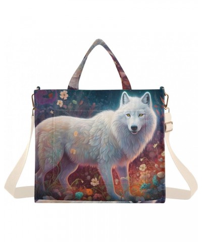 Corduroy Women Tote Bag White Wolf Flower Print, Handbag Purses with Detachable Strap Small Size $14.45 Crossbody Bags