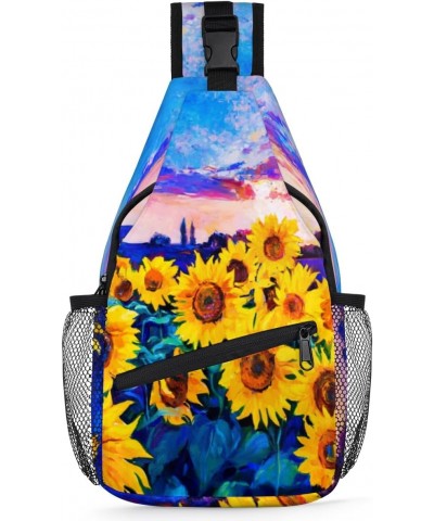 Watercolor Sunflower Garden Sling Bag Adjustable Sling Backpack Crossbody Shoulder Backpack Anti-theft Rope Chest Shoulder Da...