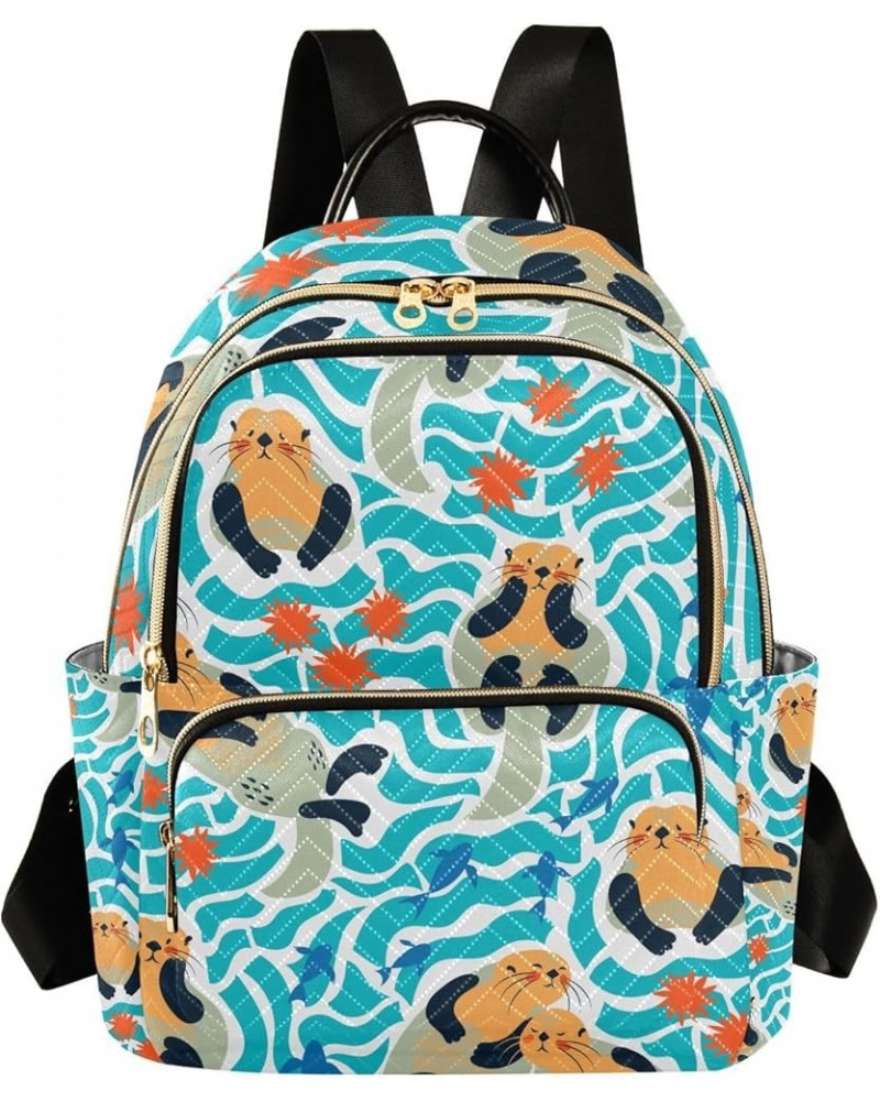 Ocean Women Backpack Cartoon Otter Fish Ocean Anti-Theft Travel Backpack with Luggage Belt Lightweight Handbag Lady Purse Roo...