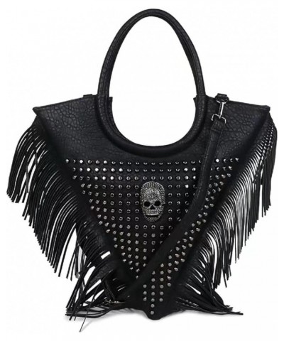 Women Skull Handbag Gothic Rivet Tassels Shoulder Bag PU Leather Triangle Satchel Top-Handle Bag Black Black $56.80 Totes