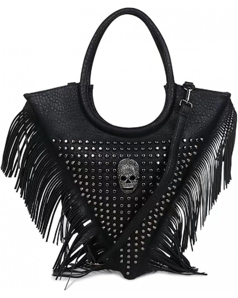 Women Skull Handbag Gothic Rivet Tassels Shoulder Bag PU Leather Triangle Satchel Top-Handle Bag Black Black $56.80 Totes