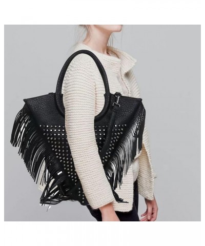 Women Skull Handbag Gothic Rivet Tassels Shoulder Bag PU Leather Triangle Satchel Top-Handle Bag Black Black $56.80 Totes