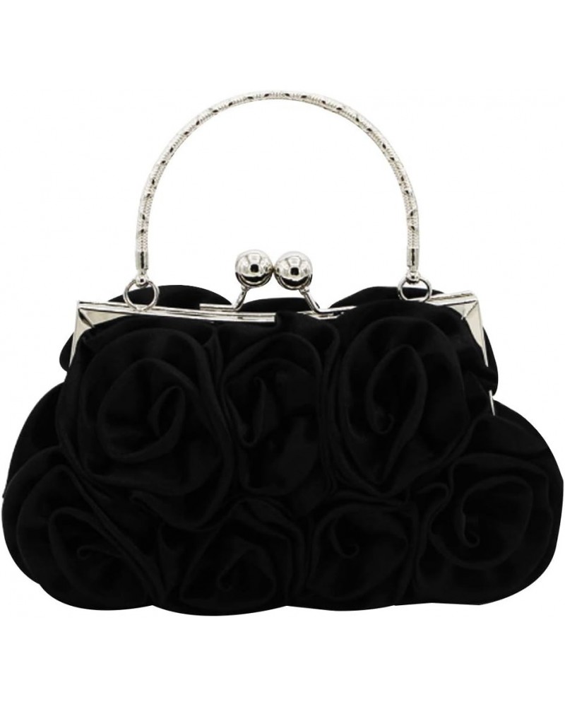 Women Rose Shaped Clutch Soft Satin Wristlet Handbag Wedding Party Purse(Medium) Z-black $21.17 Evening Bags