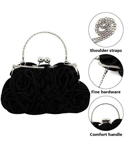 Women Rose Shaped Clutch Soft Satin Wristlet Handbag Wedding Party Purse(Medium) Z-black $21.17 Evening Bags