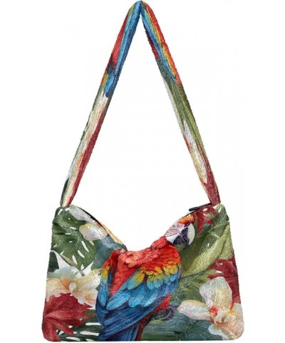 Watercolor Watermelon Plush Underarm Bag, Tote Bag with Zipper Closure, Womens Outdoor Bag Parrot With Leaves and Flowers-2 $...