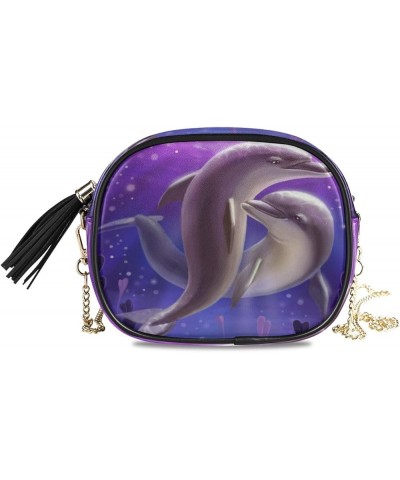 Women's Two Dolphin Swimming PU Leather Crossbody Bag Shoulder Purse with Tassel Multi 06 $11.04 Crossbody Bags