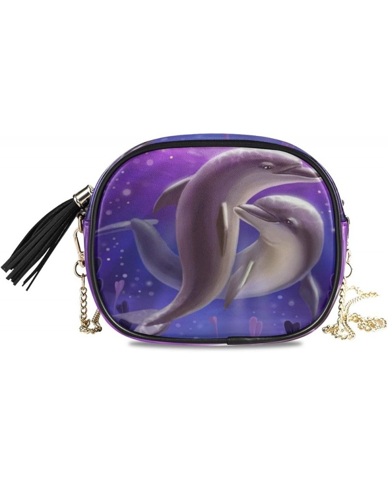 Women's Two Dolphin Swimming PU Leather Crossbody Bag Shoulder Purse with Tassel Multi 06 $11.04 Crossbody Bags