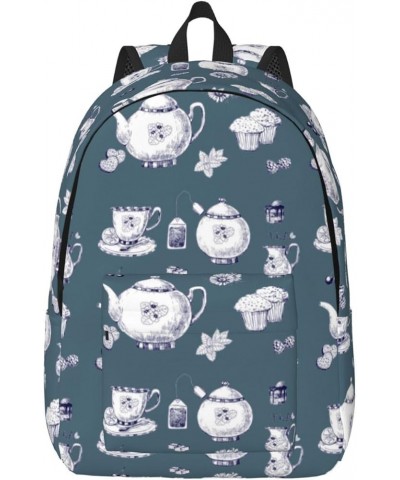 Hand Drawn Teapots And Cups Print Unisex Canvas Backpack Cute Backpack For Travel Sports Casual Aesthetic Backpack Black Medi...