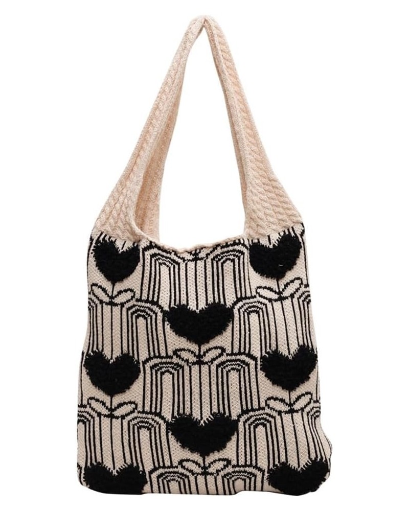 Crochet Tote Bag Cute Aesthetic Hobo Bag Hearts Pattern Knitted Shoulder Bag Hollow Beach Bag for Women B02-beige $13.10 Totes