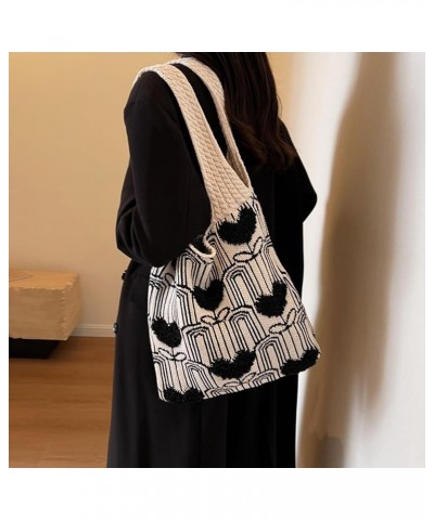 Crochet Tote Bag Cute Aesthetic Hobo Bag Hearts Pattern Knitted Shoulder Bag Hollow Beach Bag for Women B02-beige $13.10 Totes