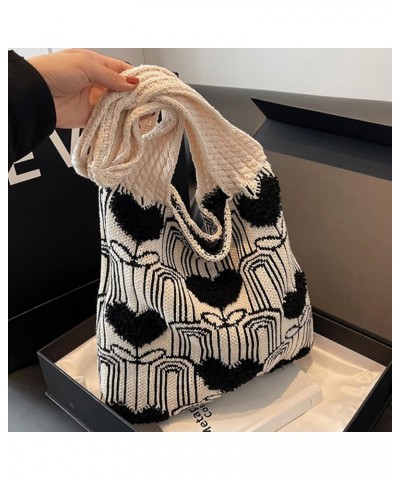 Crochet Tote Bag Cute Aesthetic Hobo Bag Hearts Pattern Knitted Shoulder Bag Hollow Beach Bag for Women B02-beige $13.10 Totes