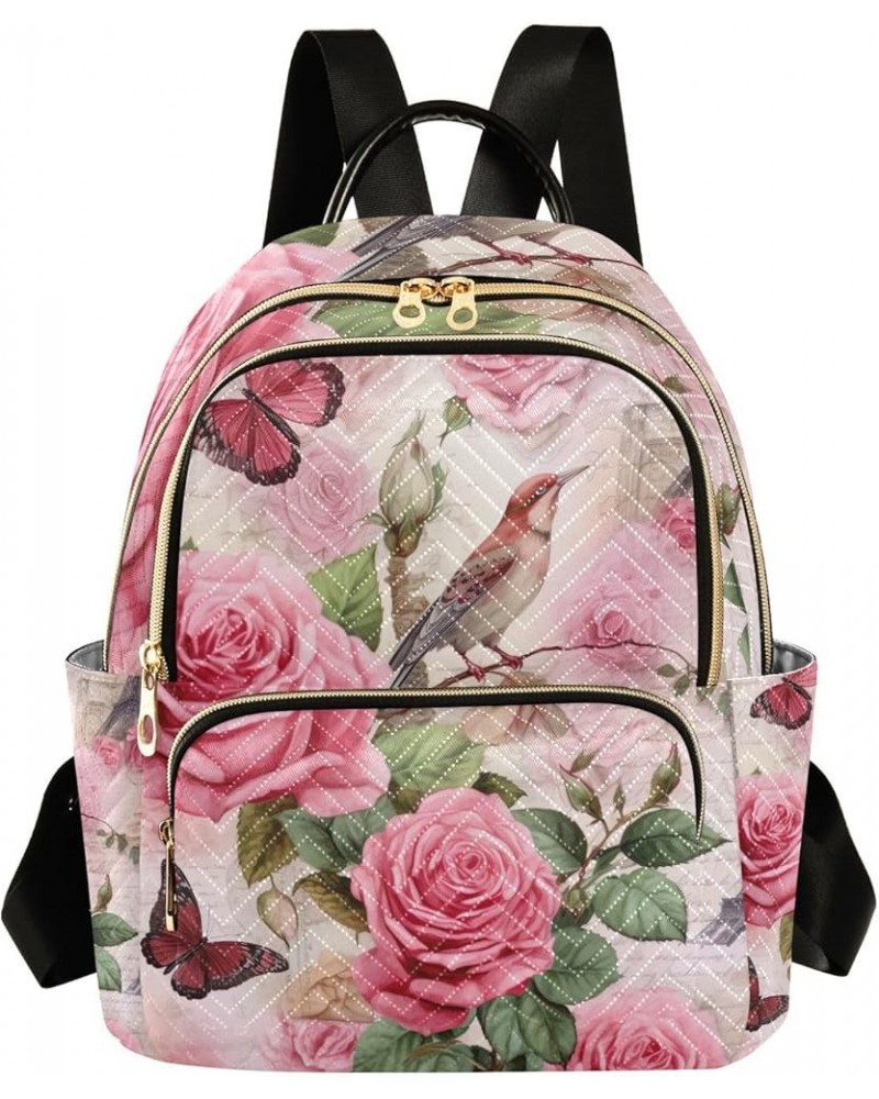 Blue Forget me not Flowers on White Womens Small Backpack, Lady Backpack, Festival Backpack for Women, S Pink Rose in Paris W...