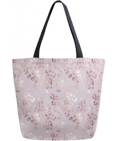 Rose Gold Leopard Cheetah Print Pink Large Canvas Tote Bag Shopping Shoulder Handbag with Small Zippered Pocket $12.53 Totes