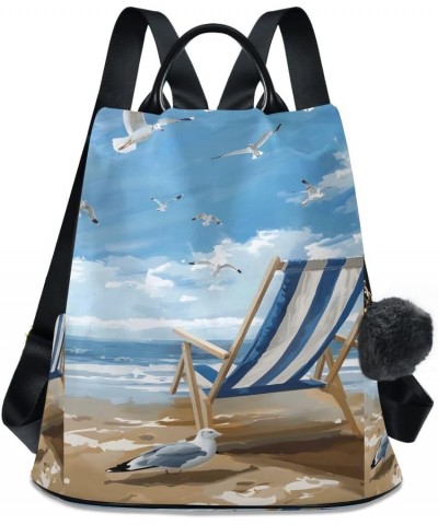 Blue Sky over Striped Beach Chair Women Purse Backpack Anti-Theft for Fashion Bag Travel Back Pack Rucksack Shoulder Bag $17....