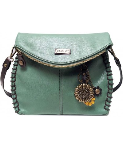 Charming Teal Crossbody Bag With Flap Top and Zipper or Shoulder Handbag Metal Sunflower $27.00 Crossbody Bags