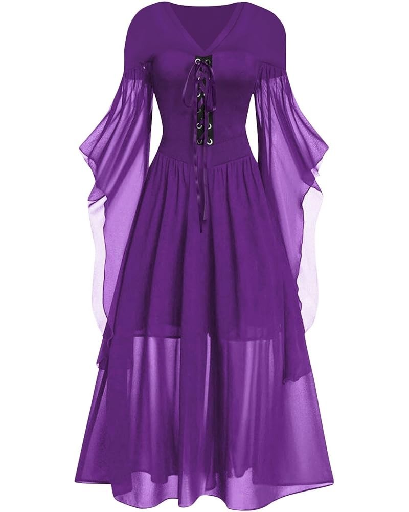 Womens Renaissance Cosplay Costume Trumpet Sleeves Chemise Boho Set Fairy Costume Medieval Irish Over Dress 5-purple $8.24 Cl...