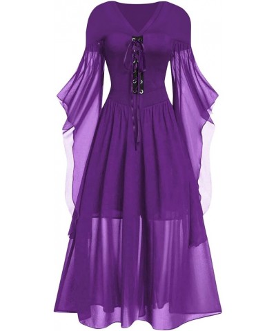 Womens Renaissance Cosplay Costume Trumpet Sleeves Chemise Boho Set Fairy Costume Medieval Irish Over Dress 5-purple $8.24 Cl...