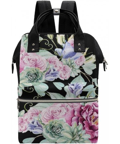 Floral Pattern Black Travel Backpack Mommy Bag for Women, Casual Daypack Backpack, Handbag Black Bright-pattern-with-flowers-...