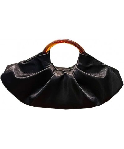 Women's high-end silk satin dumplings bun banquet acrylic pleated cloud handbag Black $29.14 Evening Bags