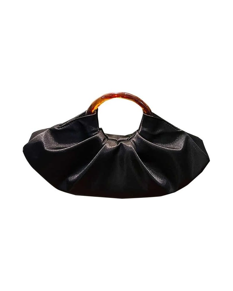 Women's high-end silk satin dumplings bun banquet acrylic pleated cloud handbag Black $29.14 Evening Bags