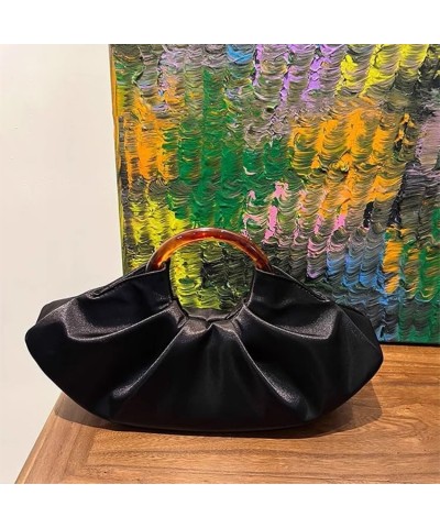 Women's high-end silk satin dumplings bun banquet acrylic pleated cloud handbag Black $29.14 Evening Bags