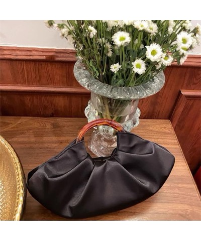 Women's high-end silk satin dumplings bun banquet acrylic pleated cloud handbag Black $29.14 Evening Bags