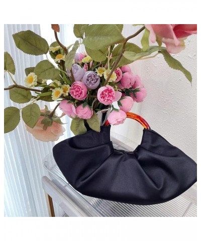 Women's high-end silk satin dumplings bun banquet acrylic pleated cloud handbag Black $29.14 Evening Bags