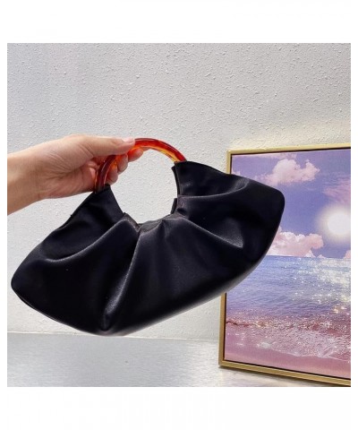 Women's high-end silk satin dumplings bun banquet acrylic pleated cloud handbag Black $29.14 Evening Bags