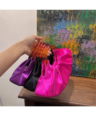 Women's high-end silk satin dumplings bun banquet acrylic pleated cloud handbag Black $29.14 Evening Bags