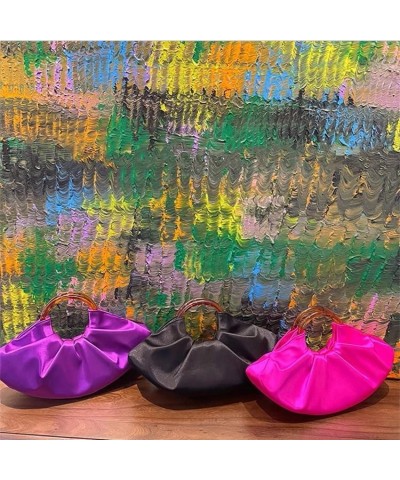 Women's high-end silk satin dumplings bun banquet acrylic pleated cloud handbag Black $29.14 Evening Bags